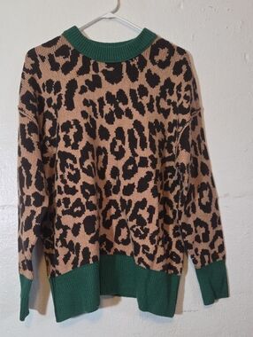 Aerie Green-Trim Leopard Print Sweater - Women's Cozy Knit Size Small Oversized